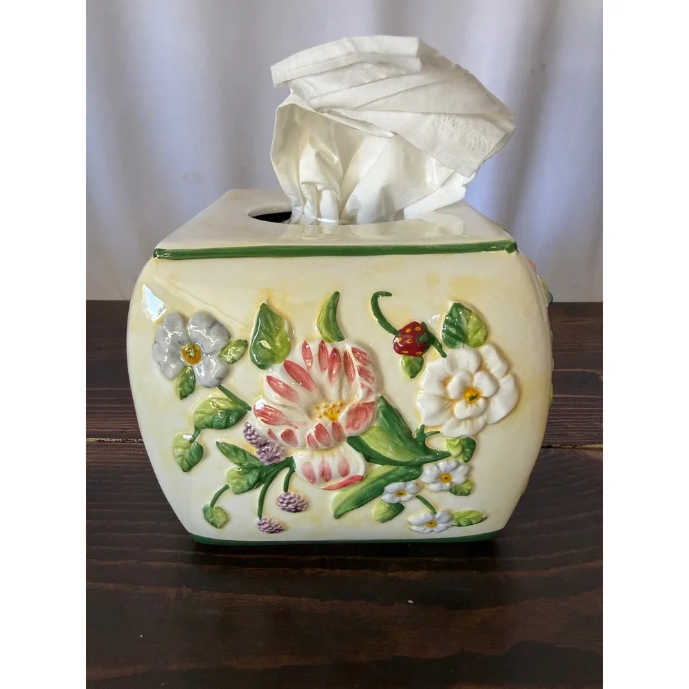 VTG Pamela Gladding Floral Ceramic Tissue Box Cover Butterfly